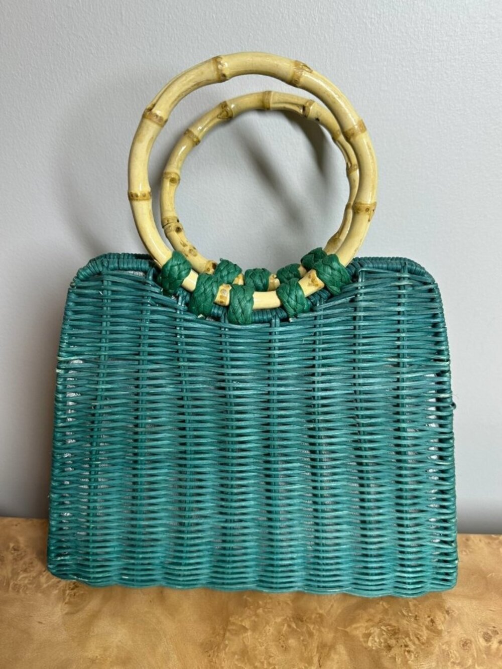 Zara Turquoise Woven Straw Tote Bamboo Ring Handles Beach Resort Handbag Boho